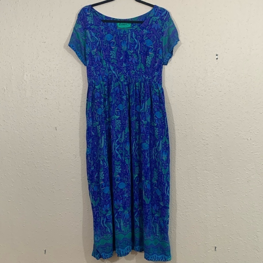 Rainbow Jo Maui‎ Hawaii Blue Green Tropical Print Short Sleeve Maxi Dress size M